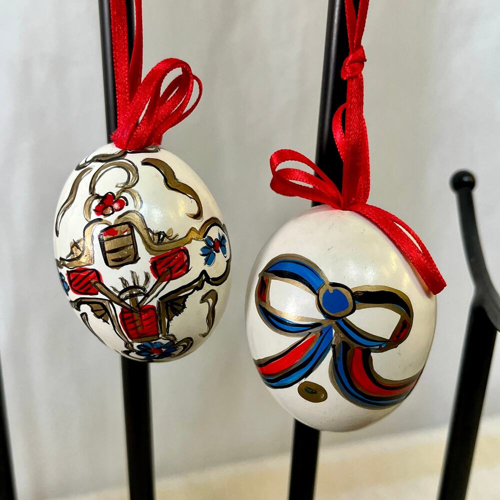 Blown Egg Shell Ornaments Red Blue Gold Lot of 2 Real Hand-Painted Folk Art